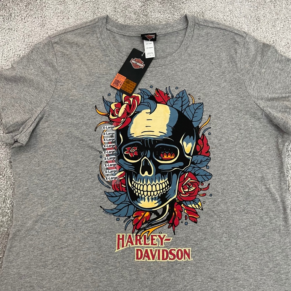Harley Davidson T Shirt Womens Extra Large Floral Skull Biker Streetwear NWT